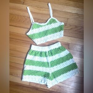 Rebellion Again Knit Top & Shorts Set Crochet Green & Cream Juniors XS 2 Piece